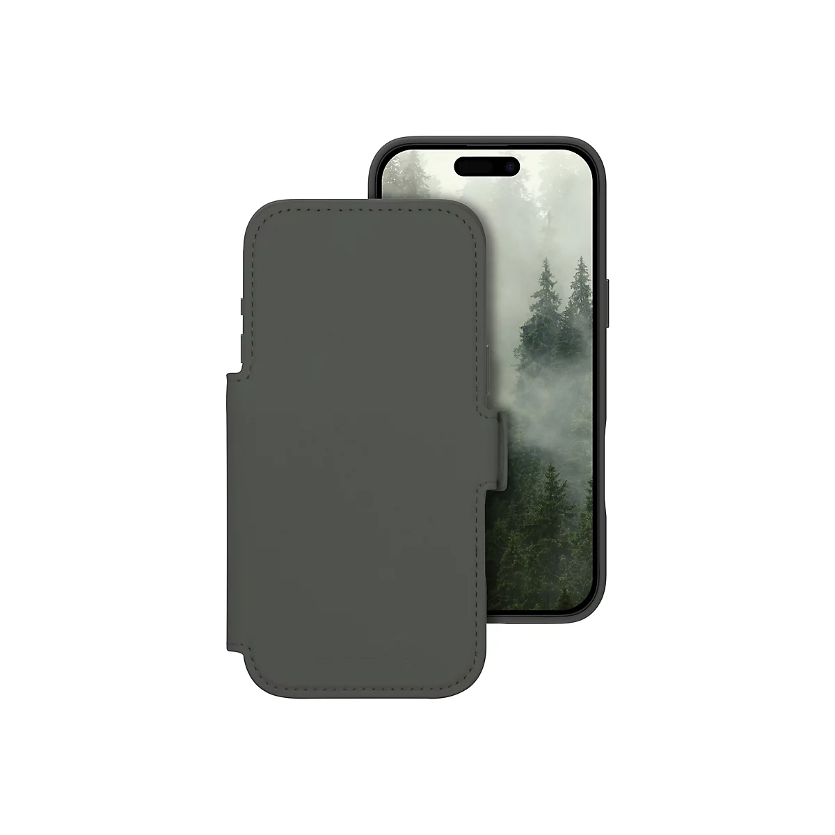 Graues Smartphone-Case in Lederoptik, halb geöffnet, mit einem Smartphone mit Wald-Hintergrund. Case mit Logo, weißer Hintergrund.