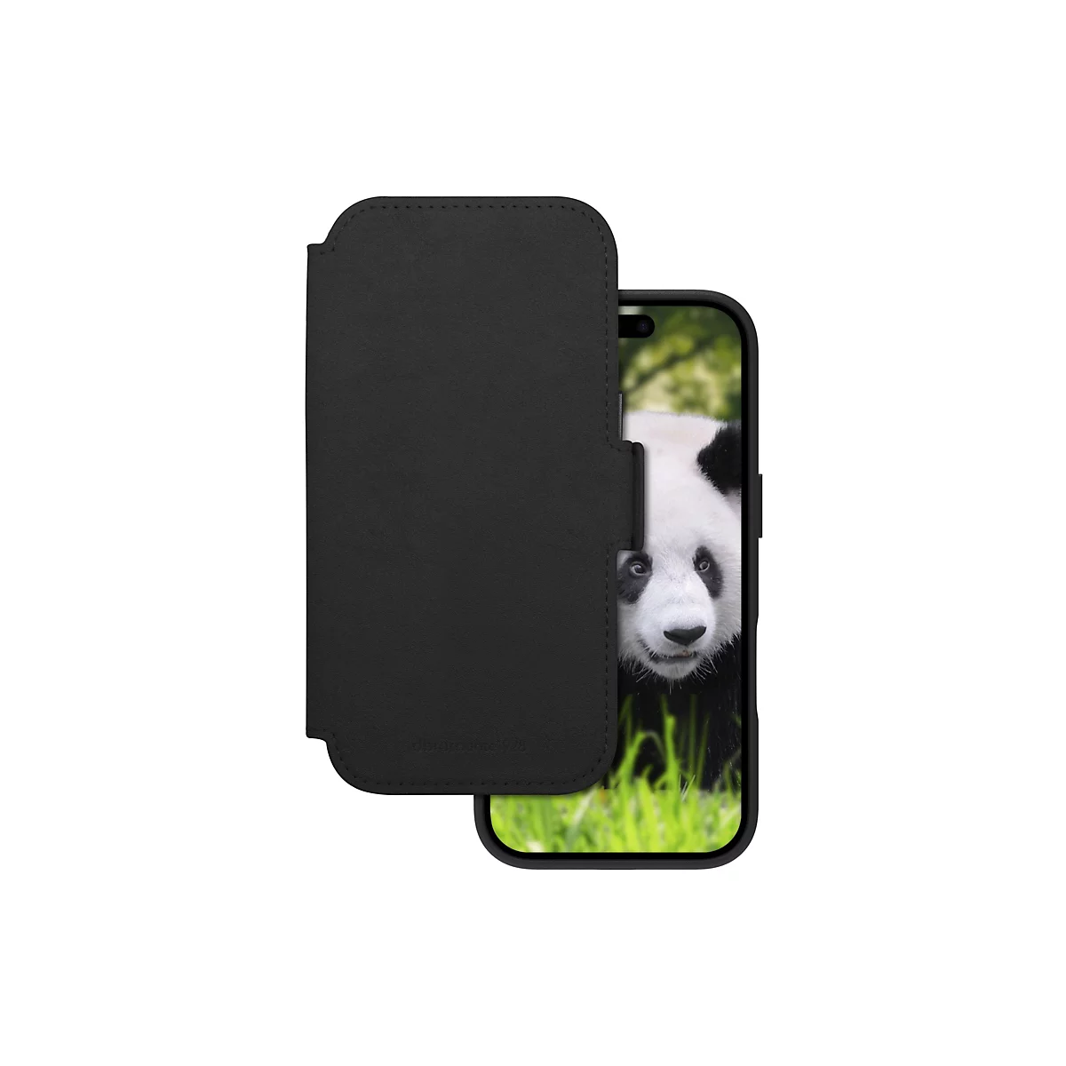 Schwarze Handyhülle mit Klappe, zeigt einen Pandabären-Bildschirm.