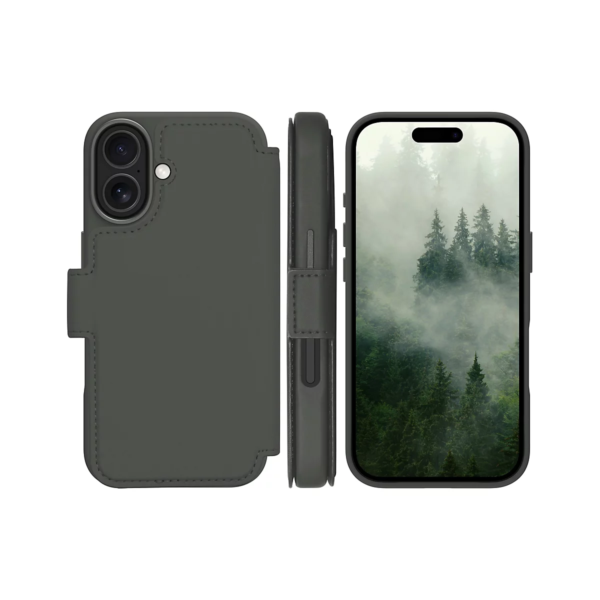 Ein graues Handycase mit integrierter Hülle, das ein Smartphone schützt; das Display zeigt eine Nebellandschaft.
