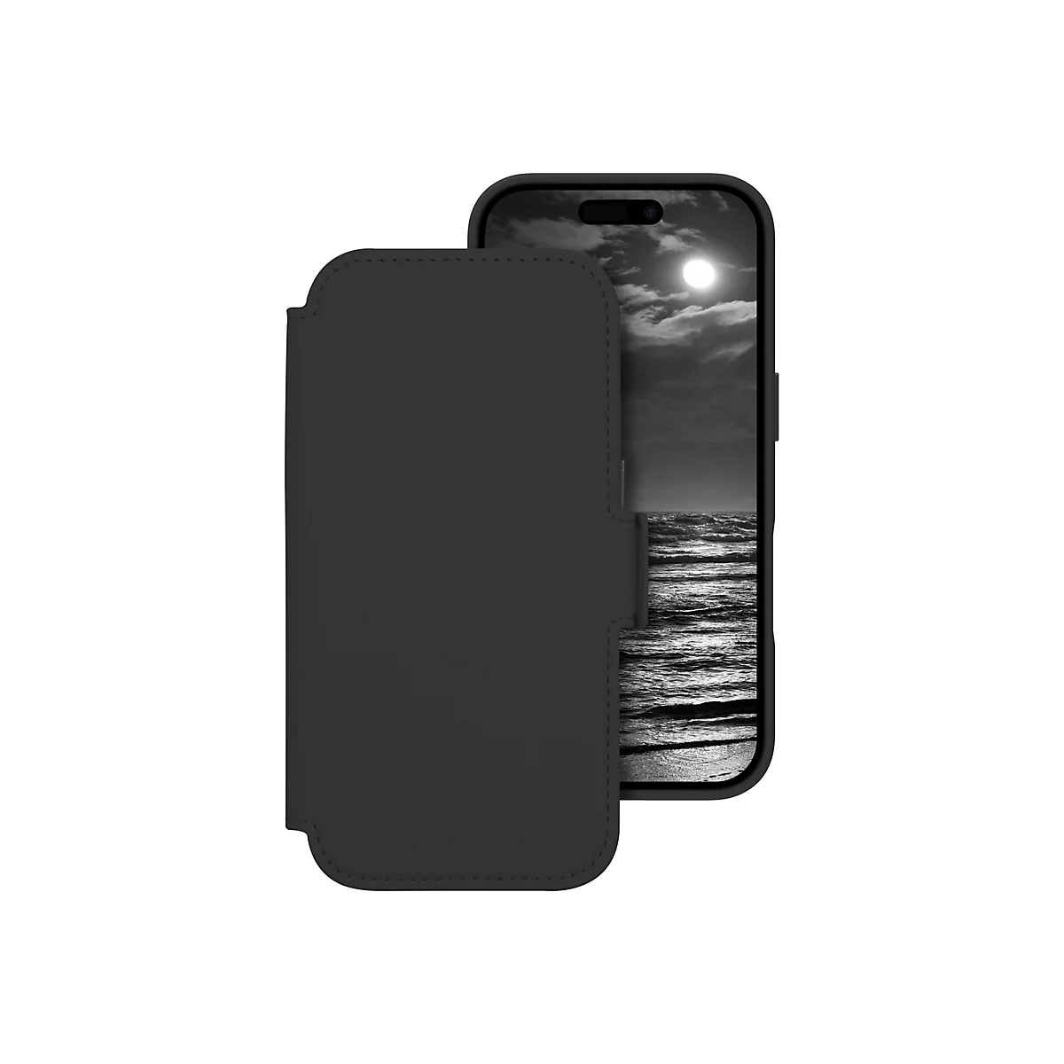 Schwarzes iPhone-Etui, das ein iPhone in Schwarz-Weiß-Ansicht zeigt, mit Wellen und einem Mond.