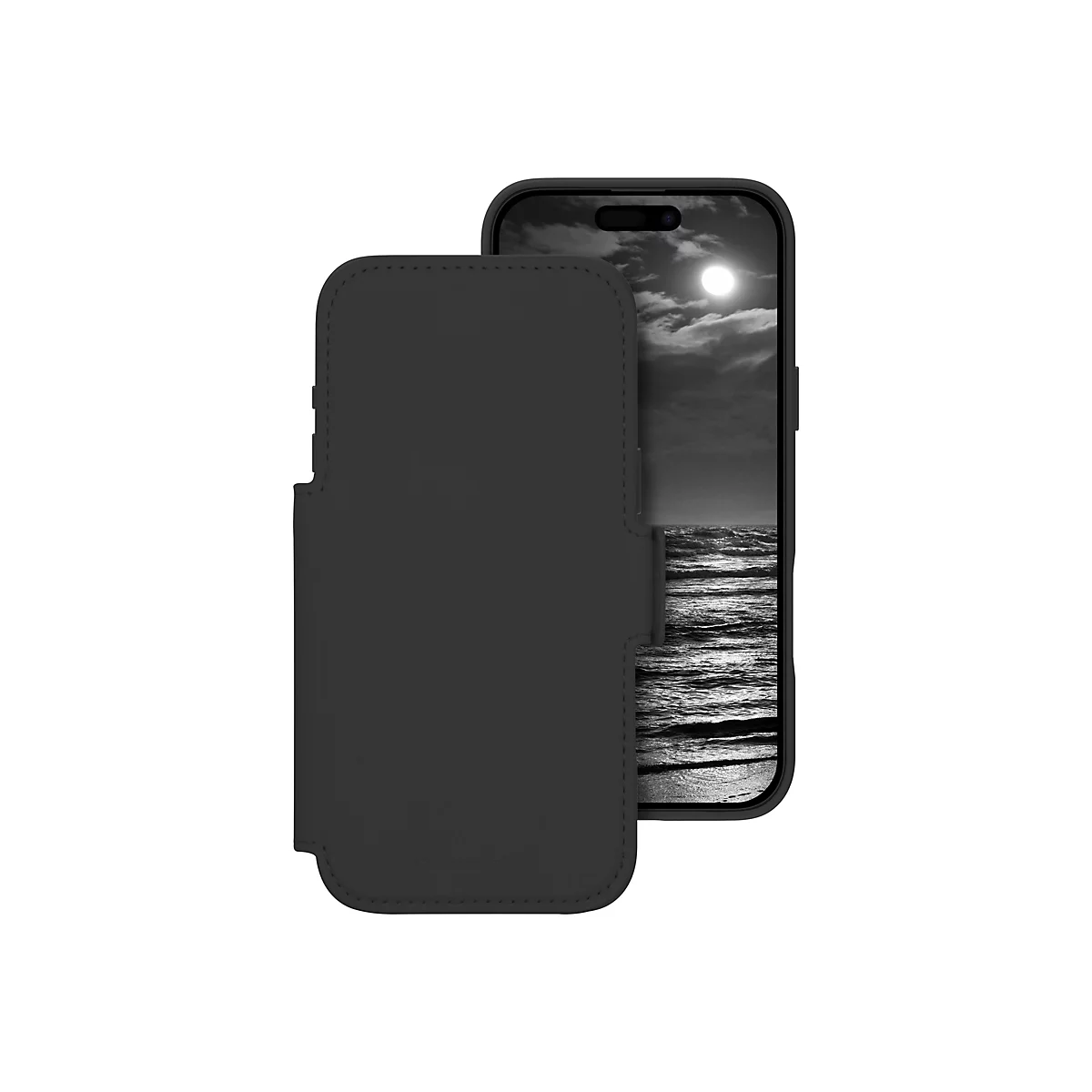 Schwarzes iPhone-Etui aus Leder, teils offen, daneben das iPhone mit Schwarzweiß-Bild, Strand bei Nacht.