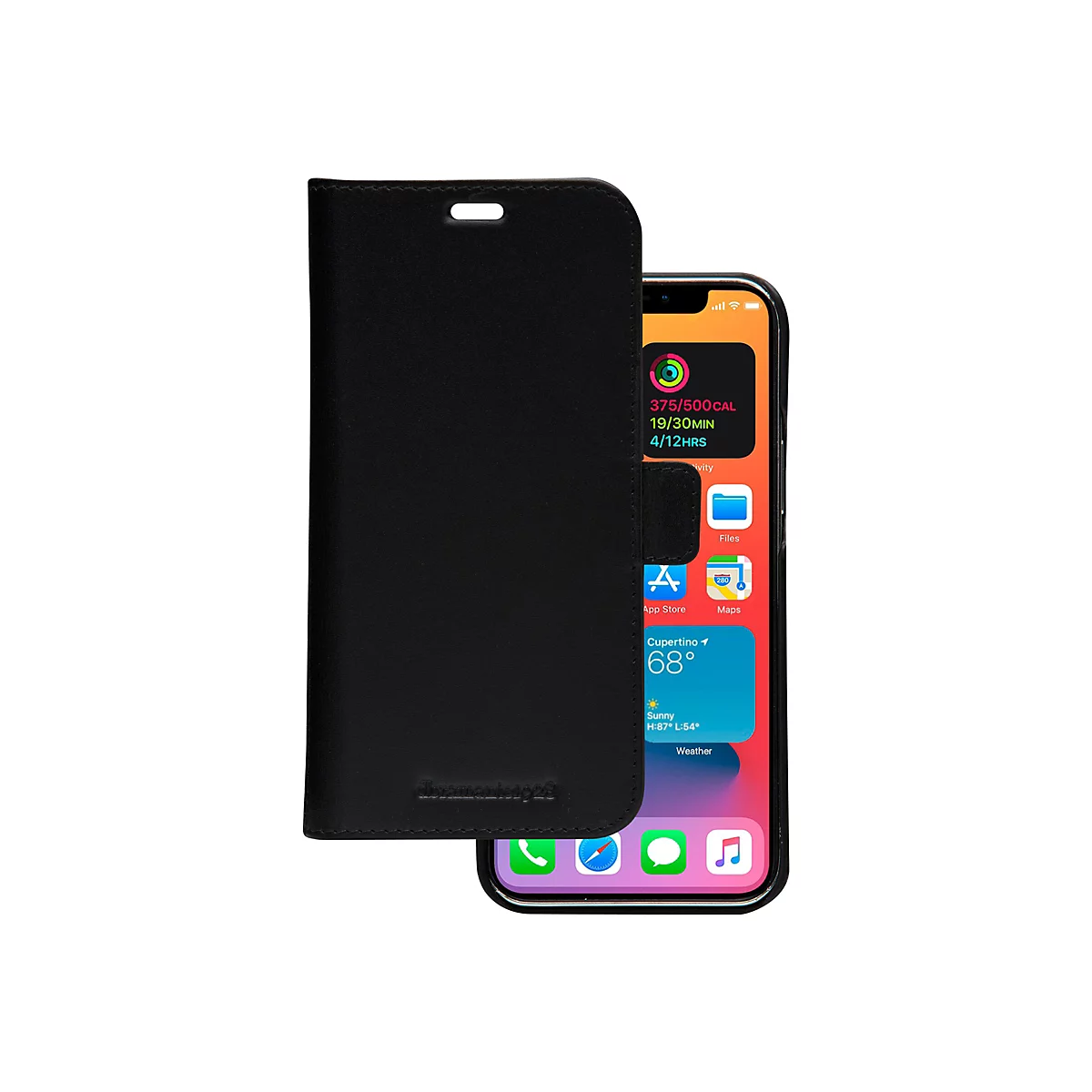 Schwarzes Leder-Klapp-Etui für ein Smartphone mit sichtbarem Display.
