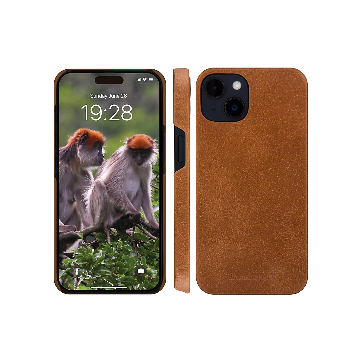 Hellbraune Lederhülle mit iPhone-Display. Auf dem Bildschirm: zwei Affen. Datum: Sonntag, 26. Juni, 19:28.