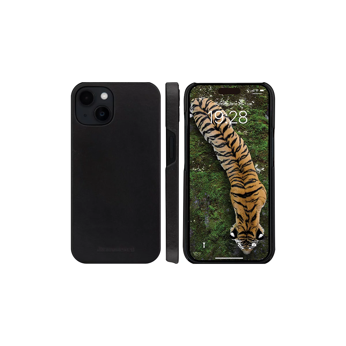 Schwarzes iPhone mit Hülle und Tiger-Hintergrund auf weißem Hintergrund. Das Telefon zeigt die Uhrzeit Sonntag, 19:28 Uhr.