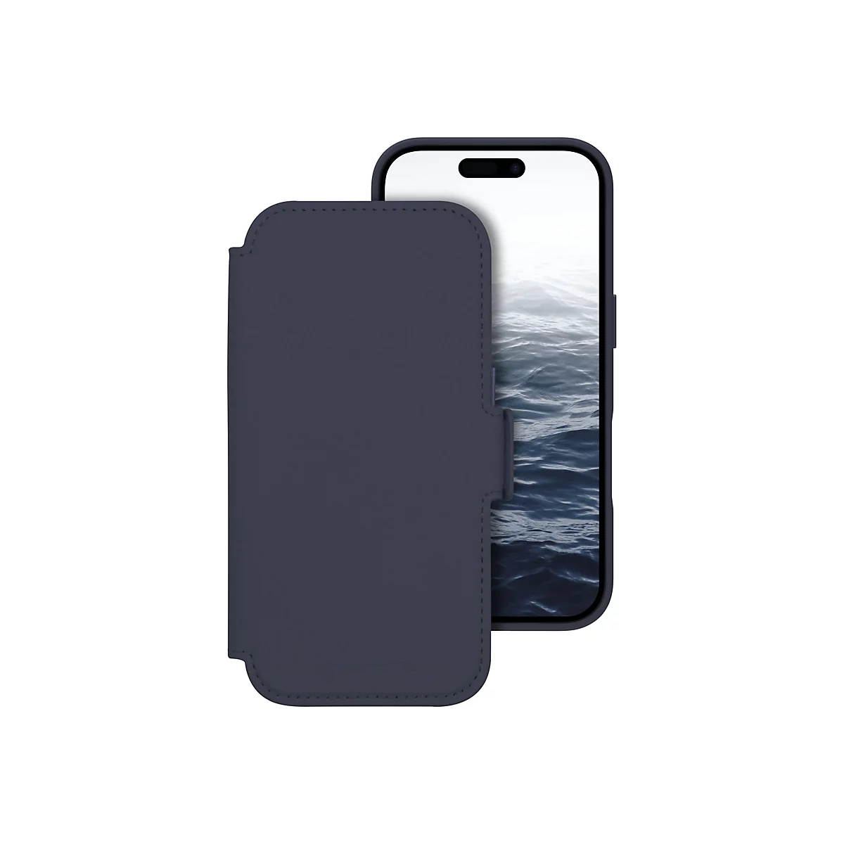 Dunkelblaue Leder-Handyhülle mit aufgeklappter Front, dahinter ein Smartphone mit Wellenmotiv auf dem Bildschirm.