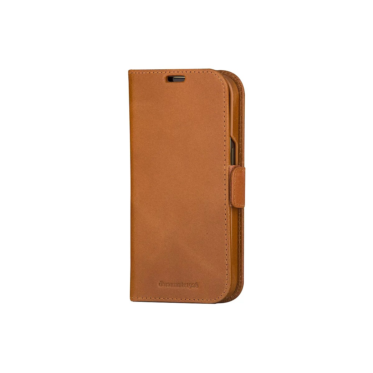 Étui de téléphone en cuir marron clair de style portefeuille, photographié sur fond blanc. Avec fermeture et lettrage de la marque.