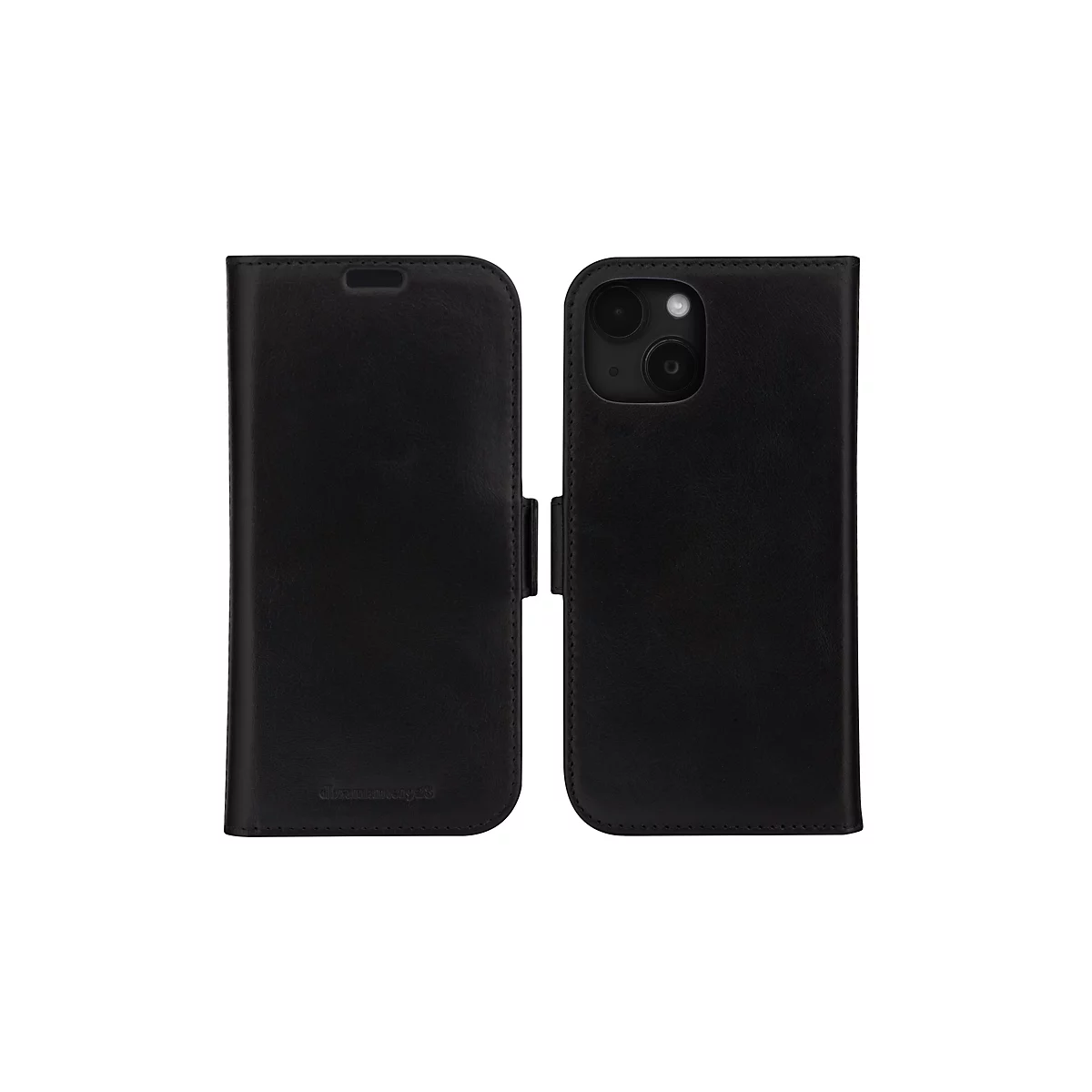 Étui de téléphone noir, ouvert, montrant l'intérieur et la caméra. Aspect cuir, sur fond blanc.