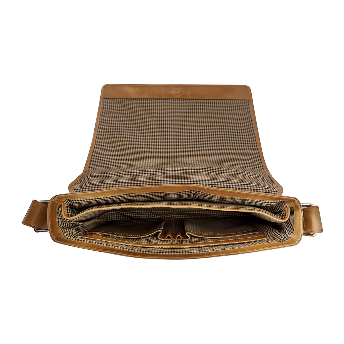 Offene, braune Ledertasche, Innenfutter mit kleinem Karomuster, Blick in die Fächer.