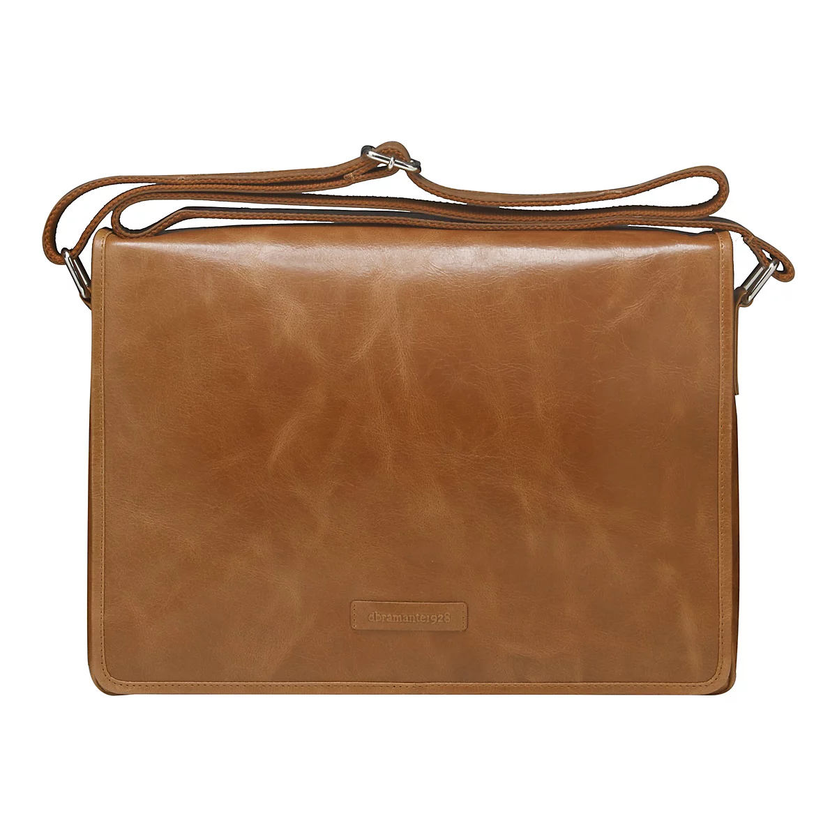 Hellbraune Ledertasche mit Schultergurt, rechteckiger Form, Label "dbramante1928".