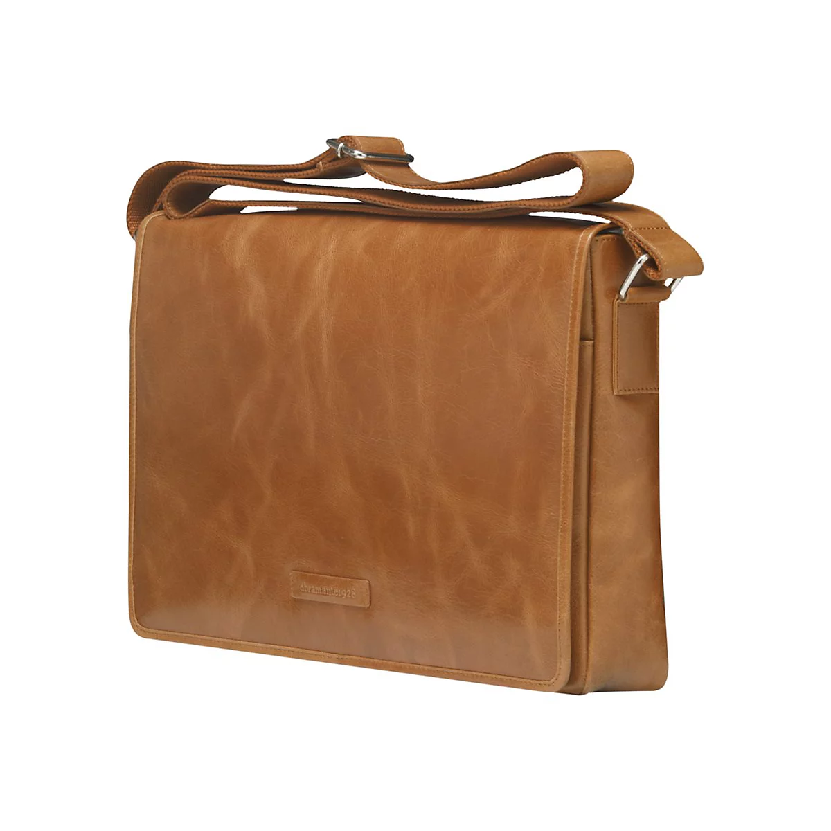 Braune Leder-Umhängetasche, rechteckig, mit Schultergurt und Metallverschlüssen. Auf der Tasche ist der Markenname abramanteler1928 eingeprägt.