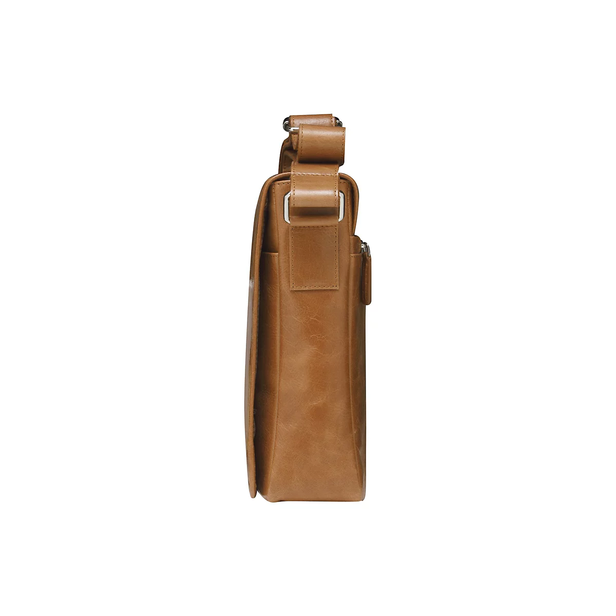 Braune Ledertasche, Seitenansicht, mit Umhängegurt und silbernen Details.