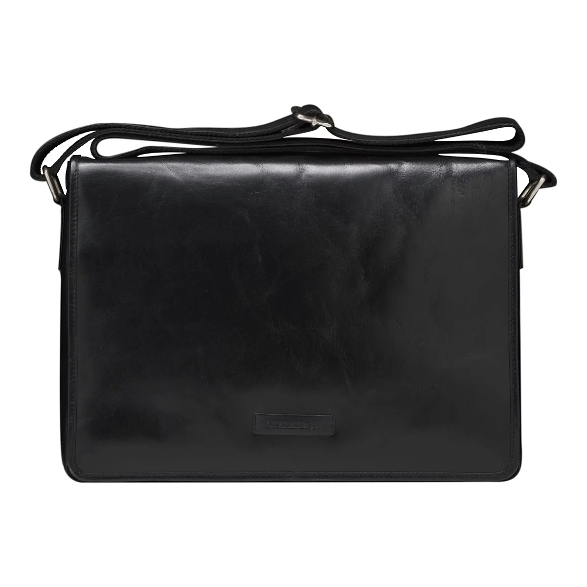 Sac en cuir noir avec bandoulière, rectangulaire. Le nom de la marque est petit sur le devant.