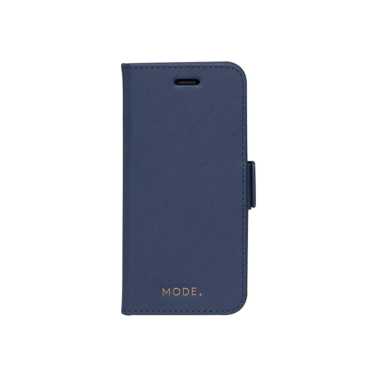 Dunkelblaues Handy-Case im Querformat, mit Magnetverschluss und dem Schriftzug MODE.