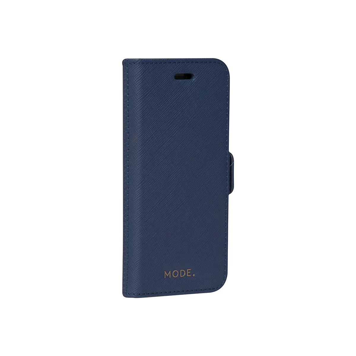 Blaues Handy-Case im Leder-Look. Mit Magnetverschluss, Prägung MODE. und Aussparung für die Kamera.