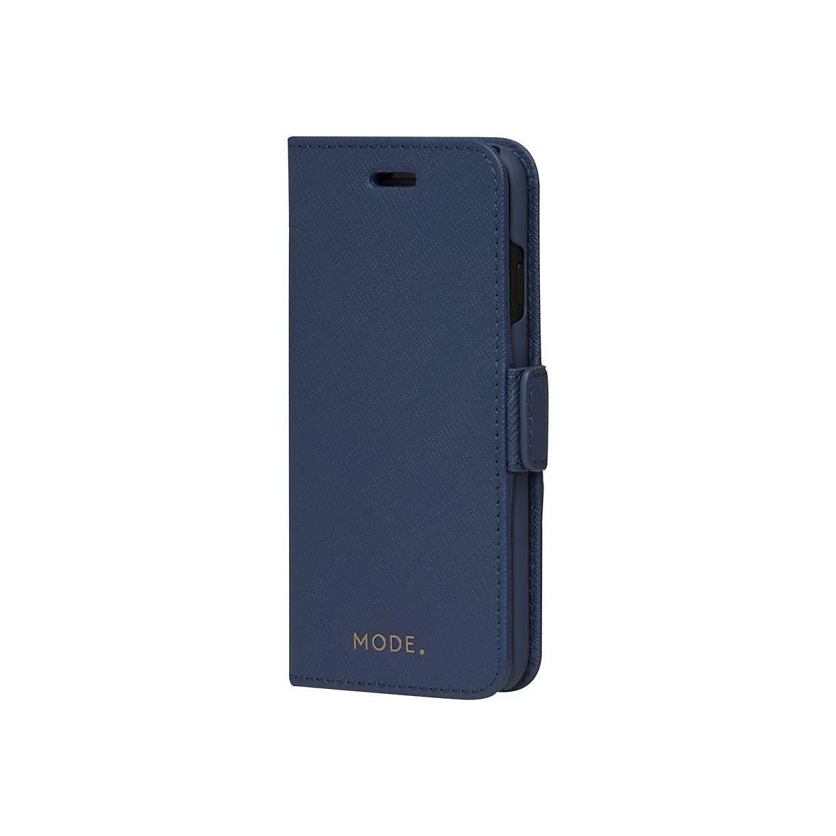 Dunkelblaues Handy-Case im Buchformat mit Magnetverschluss. Auf der Vorderseite steht „MODE.“