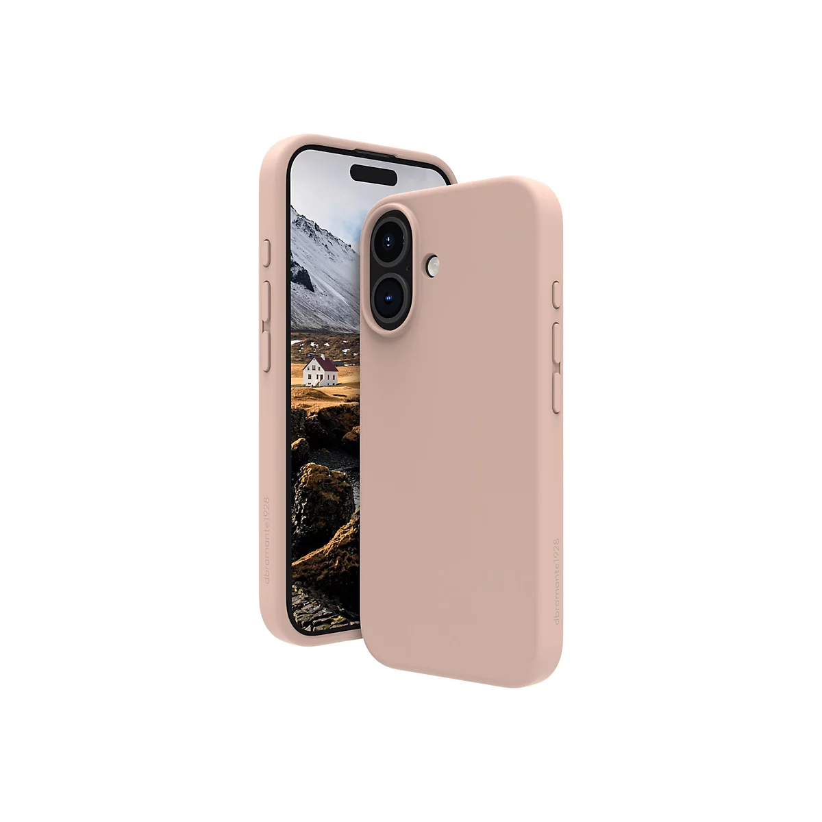 Ein hellrosa iPhone mit Hülle, das auf einem weißen Hintergrund gezeigt wird. Das Telefon ist geöffnet und zeigt ein Landschaftsfoto.