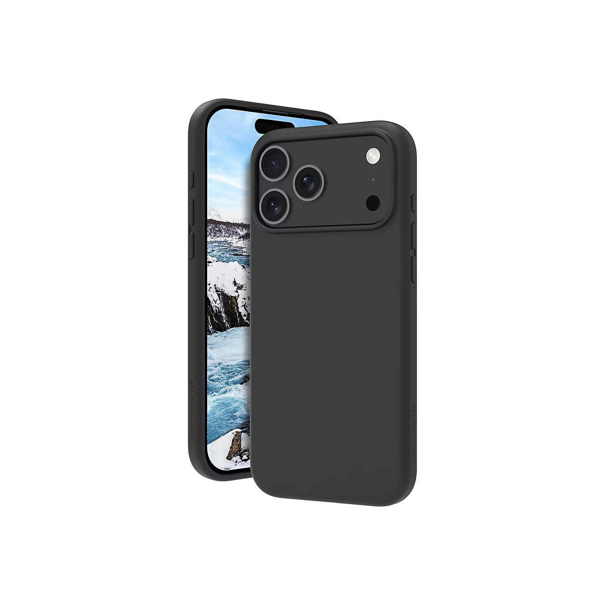 Schwarzes Smartphone mit Schutzhülle, das andere Smartphone dahinter zeigt ein Flussufer. Beide Geräte vor weißem Hintergrund.