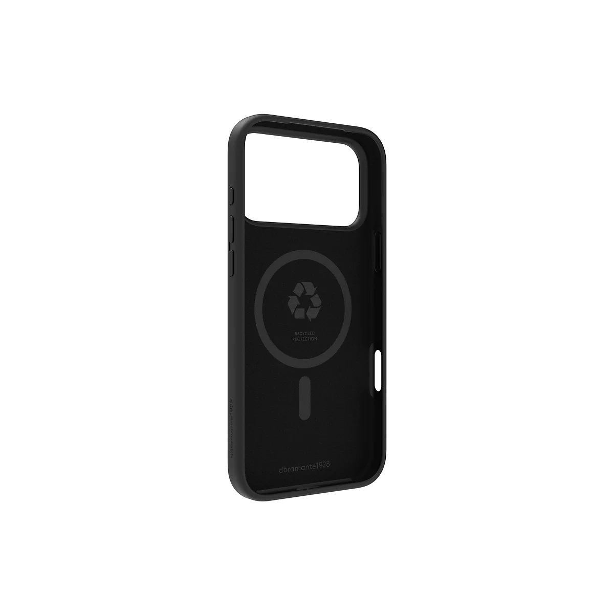 Schwarze Handyhülle für iPhone, Innen mit Recycling-Symbol und Schriftzug.