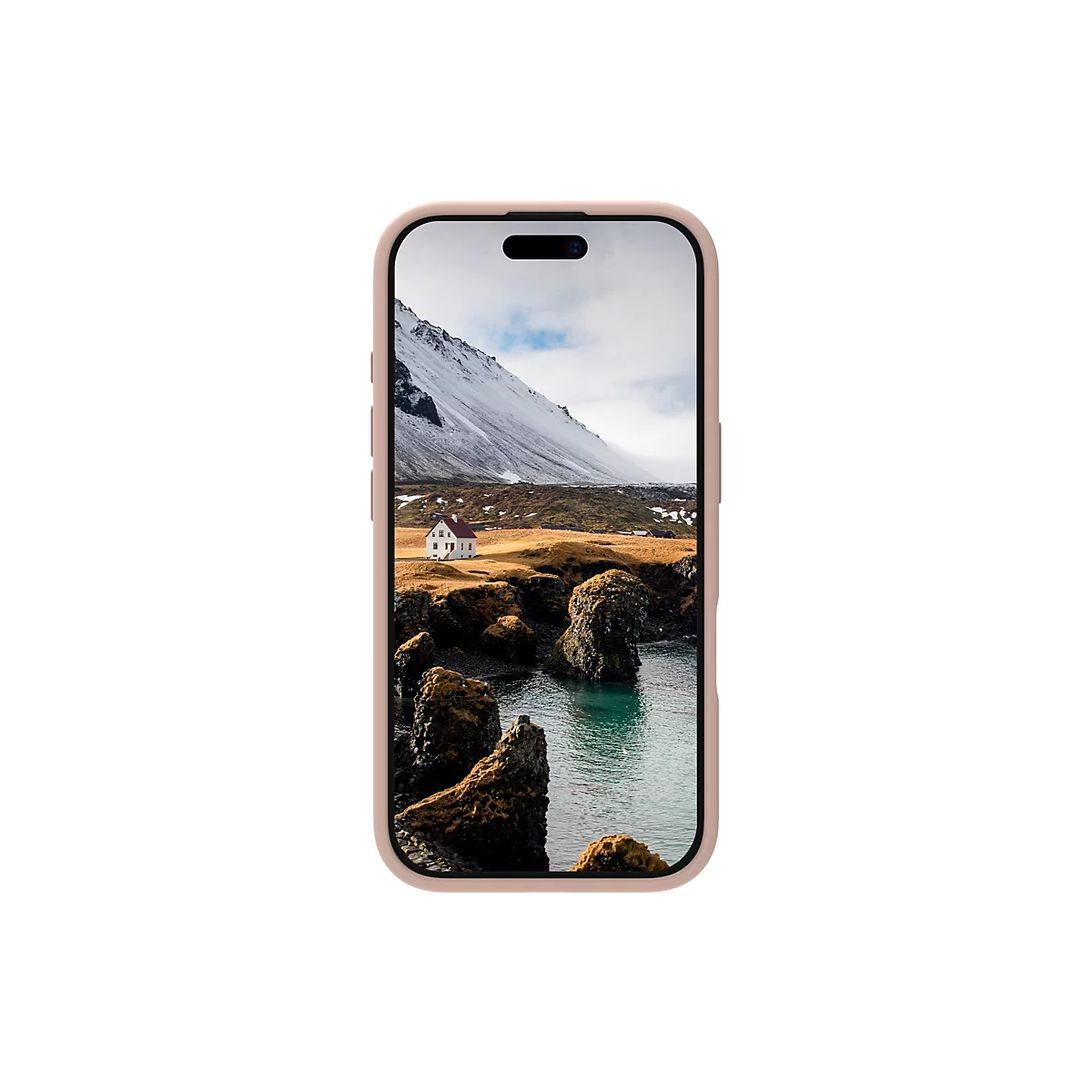 Smartphone-Hülle in Rosa, mit Landschaftsfoto als Hintergrund. Berge, Haus.