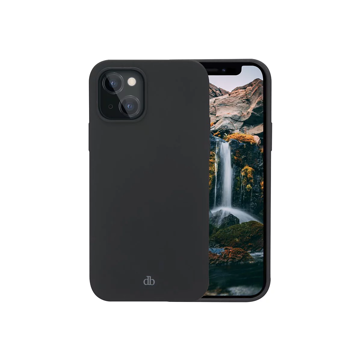 Schwarze Handyhülle um ein iPhone, mit Wasserfall Hintergrund.