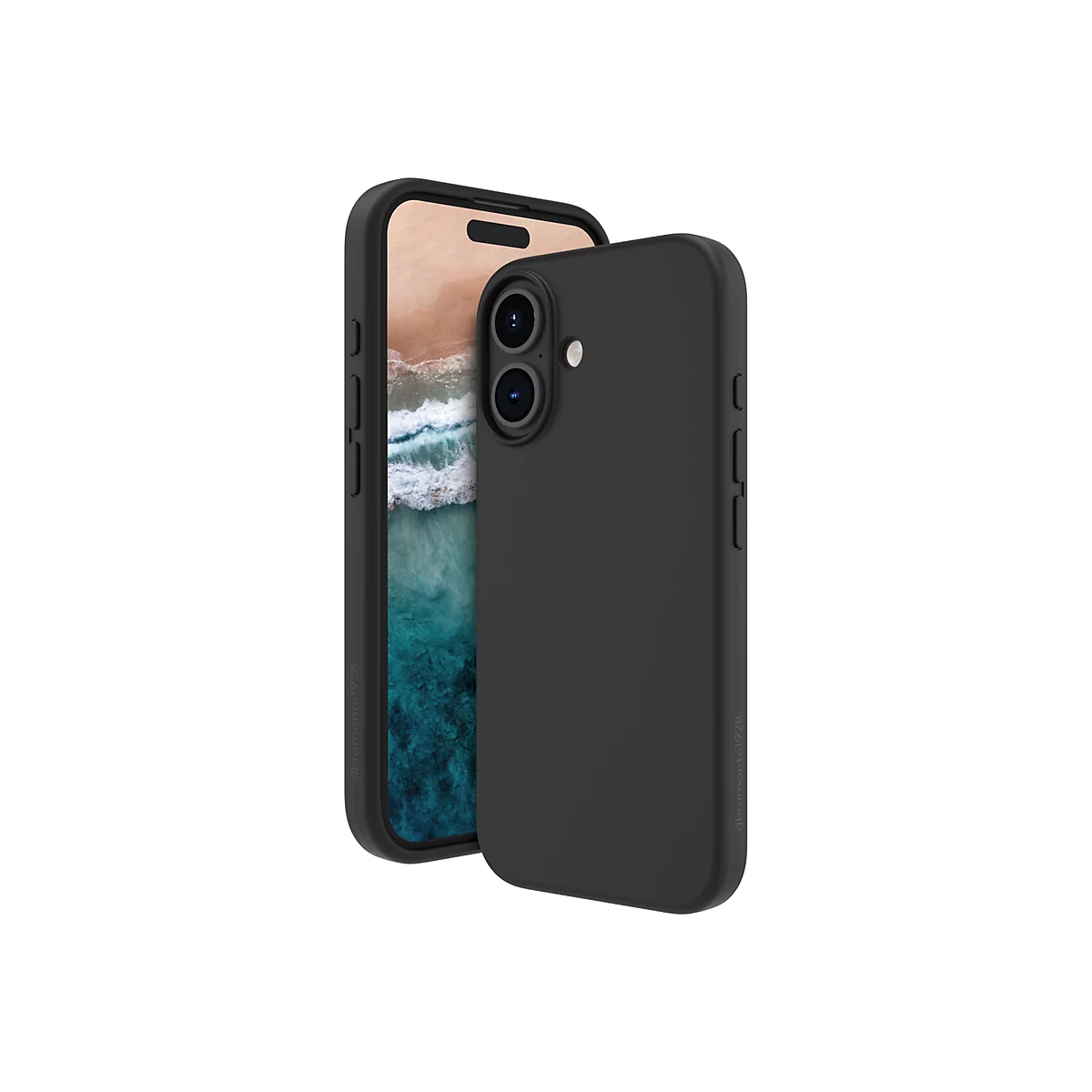 Schwarzes Smartphone mit Hülle, das neben dem Gerät liegt. Im Hintergrund eine Strandansicht.