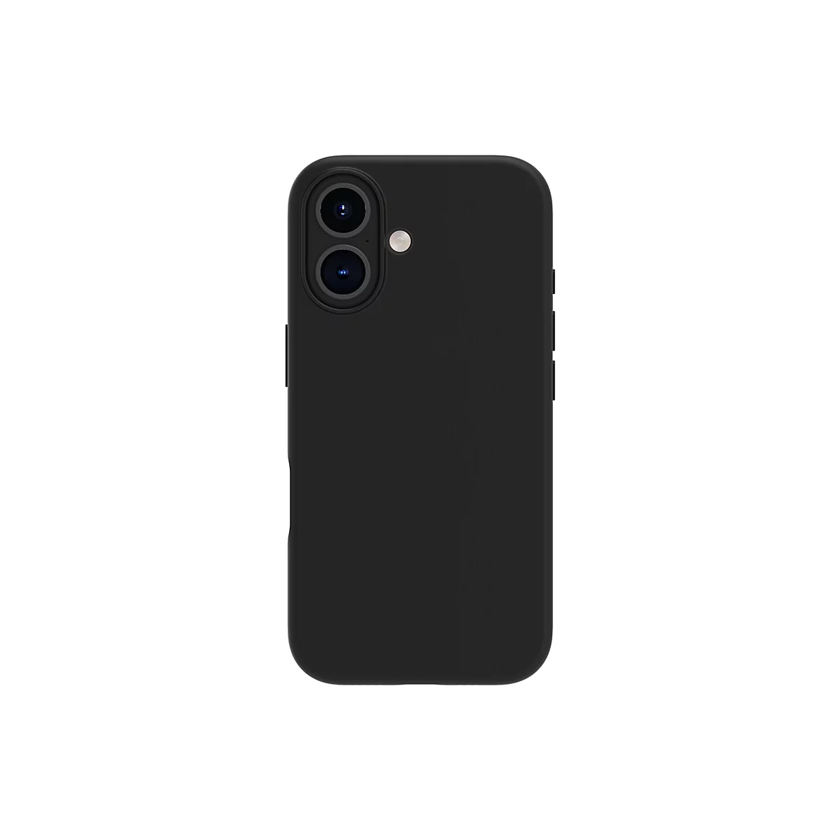 Coque de téléphone noire. Deux lentilles de caméra en haut. Sur le côté droit, il y a des boutons.