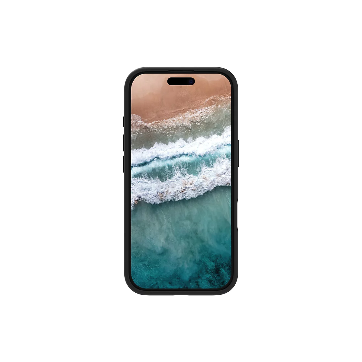 Un smartphone noir avec un écran affichant une vue sur la plage. L'écran montre la transition du sable brun à l'eau turquoise avec des vagues blanches.