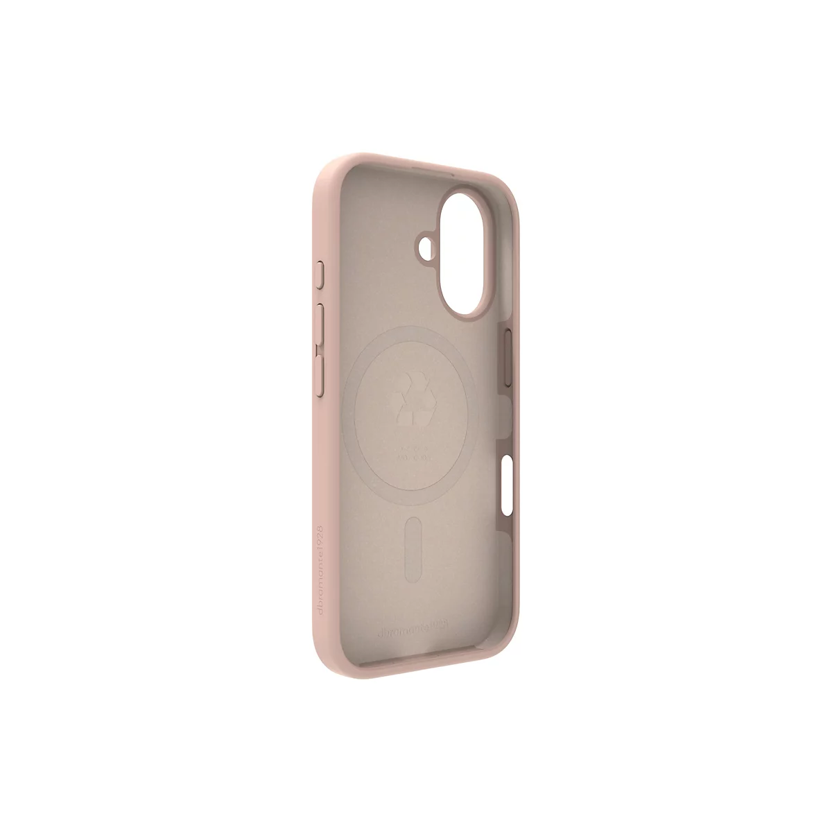Coque de téléphone rose clair sur fond blanc. Boutons, ouverture pour appareil photo et un symbole de recyclage sont visibles.