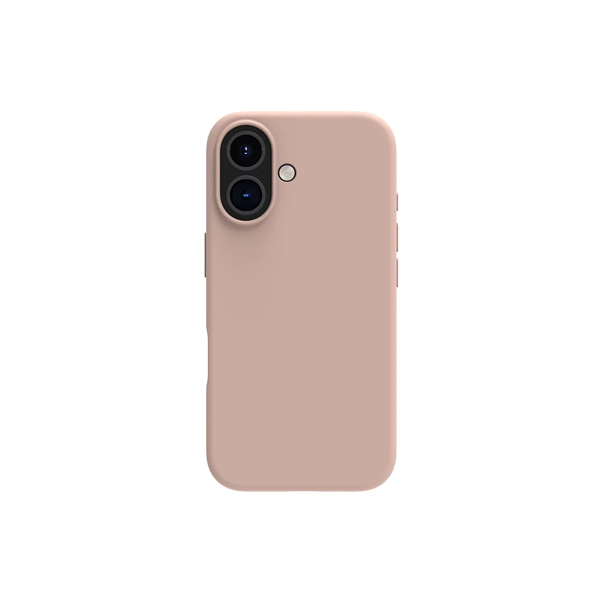 Coque de smartphone rose clair avec découpe pour appareil photo, boutons et fond blanc.