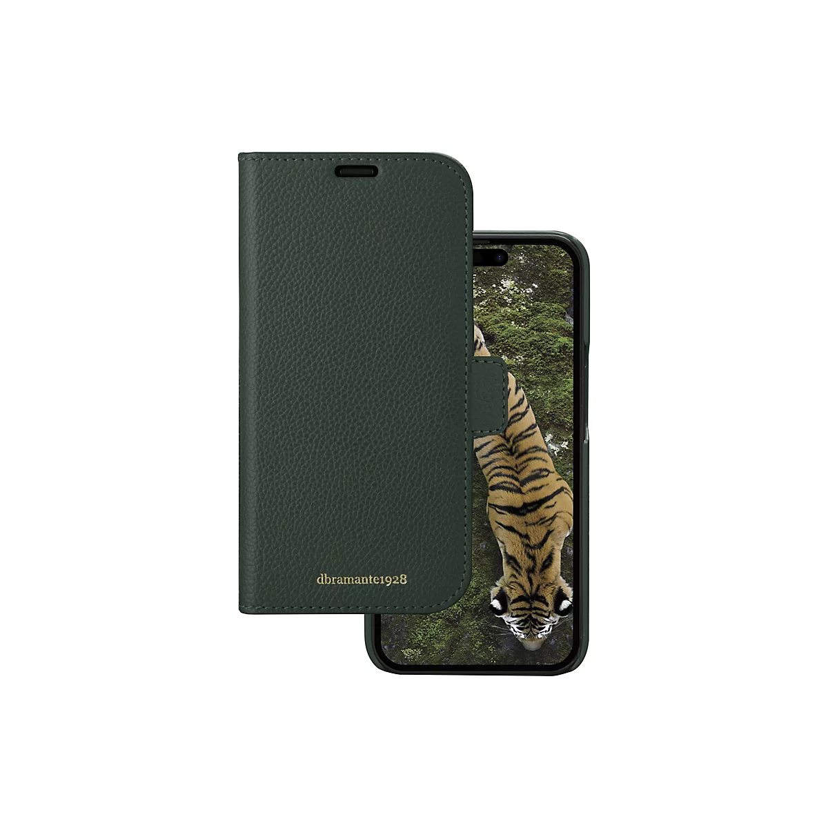 Dunkelgrüne Leder-Handyhülle, geöffnet, mit einem Smartphone mit Tiger-Hintergrund. Auf der Hülle ist der Schriftzug "dramante1928" in Gold zu sehen.