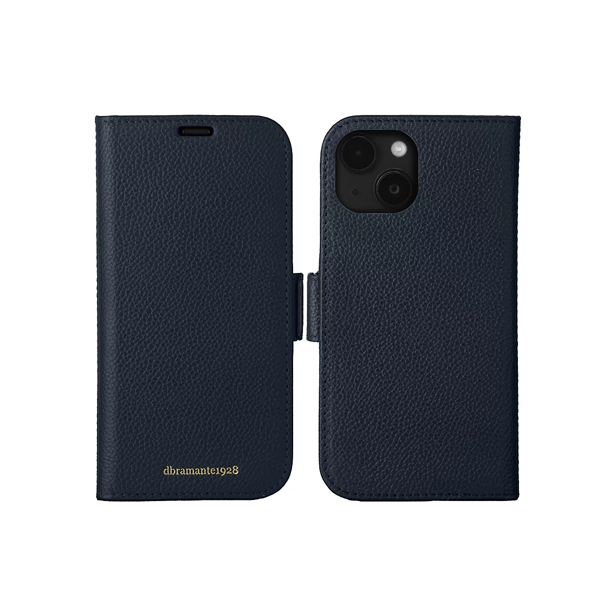 Dunkelblaue, lederne Handyhülle, geöffnet, mit Textur und dem Logo "dbrantate1928".