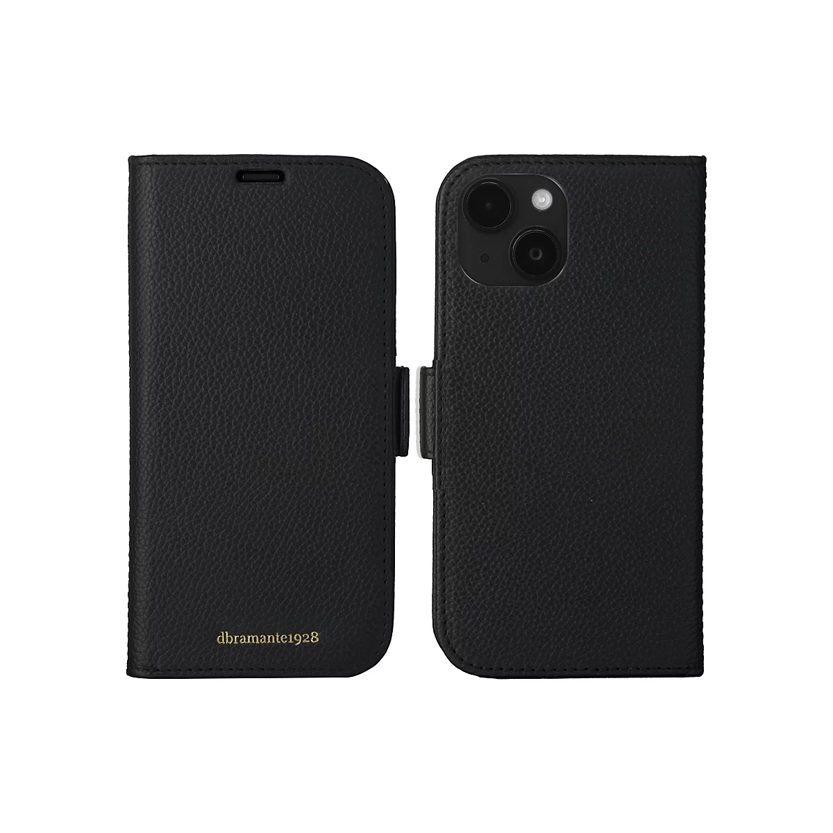 Schwarzes Leder-Handycase, offen. Auf der rechten Seite das Telefon mit Kameras. Auf der linken Seite der Schriftzug "dbramante1928".