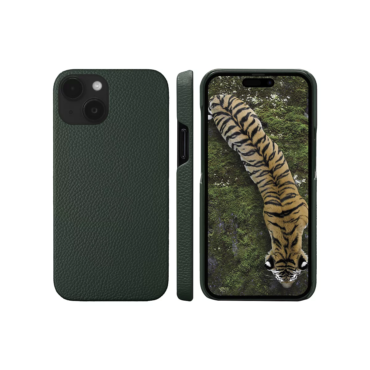 Dunkelgrünes Handycase, drei Ansichten. Das Display zeigt einen Tiger auf grünem Moos. Die Hülle hat eine strukturierte Oberfläche.