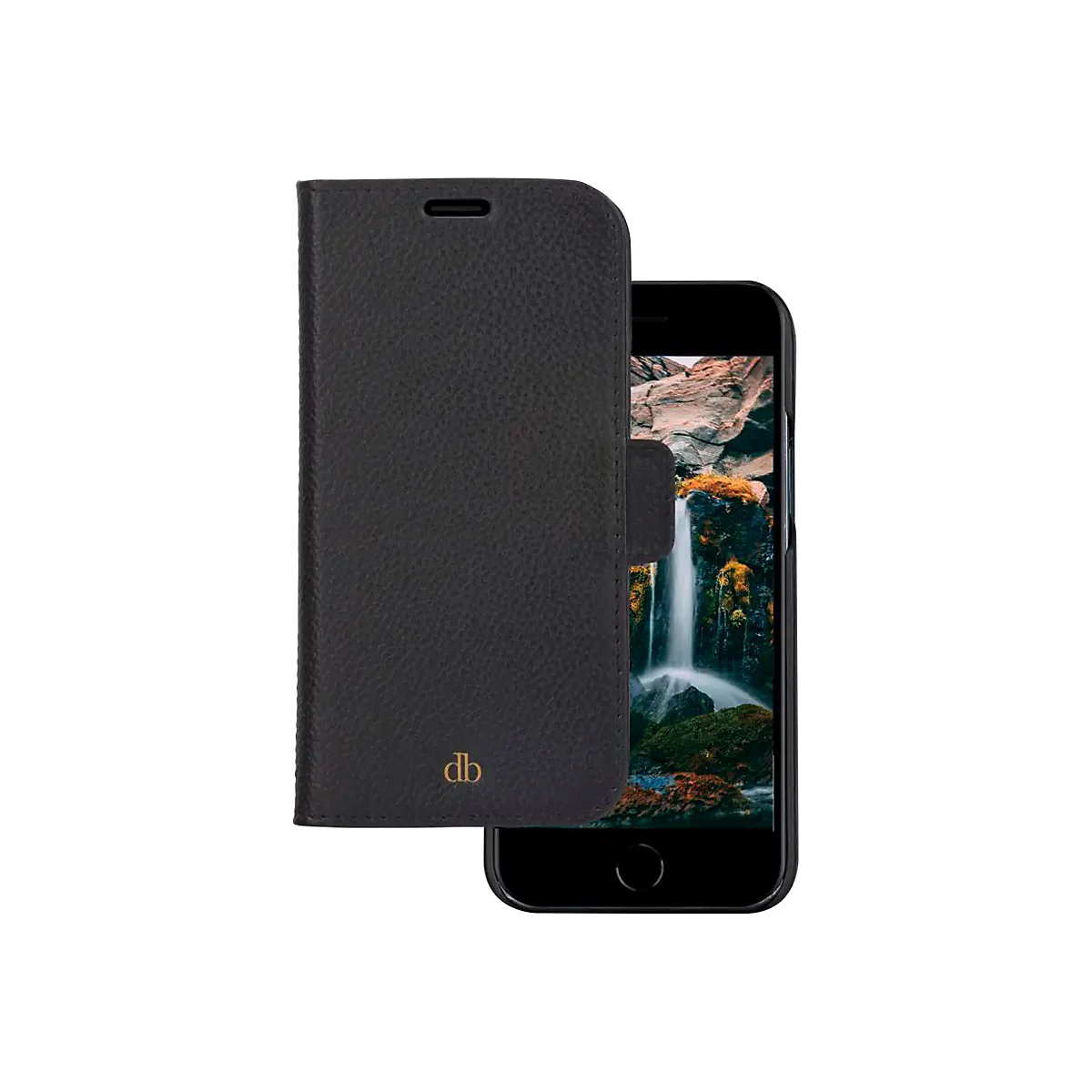 Schwarzes Handy Case mit Handy. Auf dem Display ein Wasserfall. Case mit Logo "db".