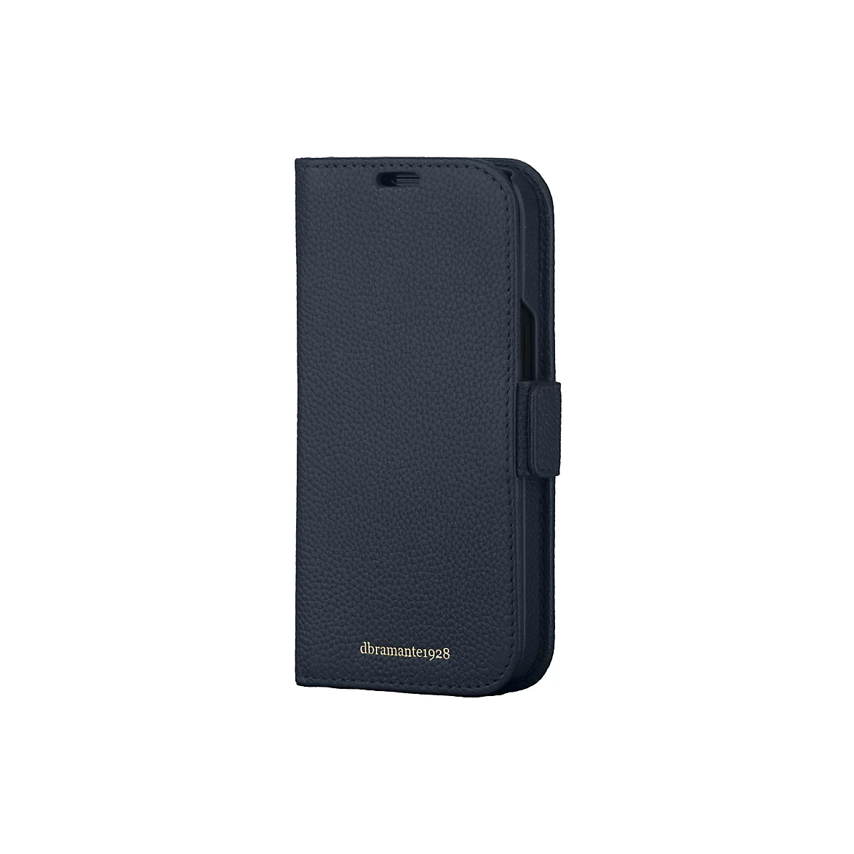 Dunkelblaues Leder-Handycase. Mit Klappe und Verschluss.