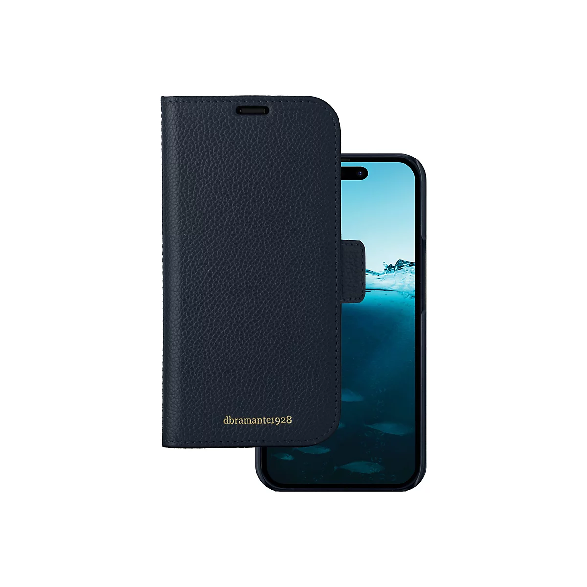 Dunkelblaue Leder-Handyhülle mit Smartphone; Auf der Hülle ist der Schriftzug "dbramante1928" zu sehen.