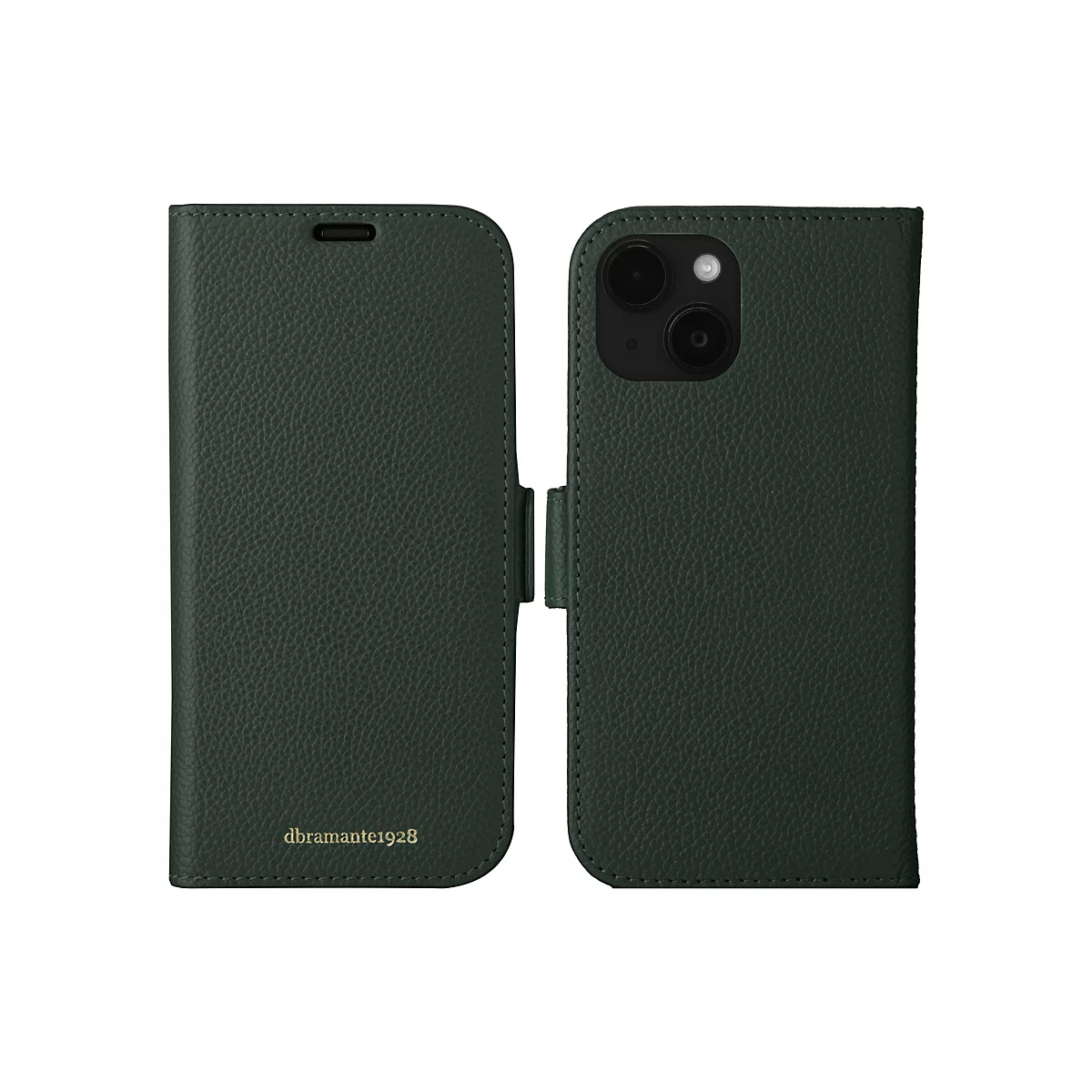 Dunkelgrüne, aufgeschlagene Handyhülle. Auf der linken Seite steht "dbramante1928".