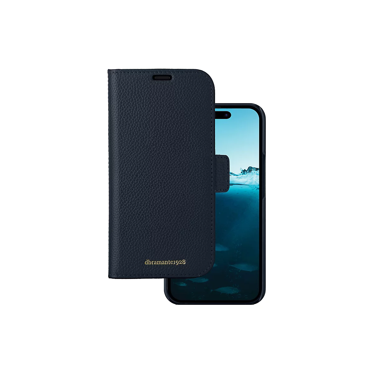 Dunkelblaue Leder-Handyhülle mit offenem Klappverschluss. Rechts ein Smartphone mit blauem Hintergrund. Der Markenname steht unten links.