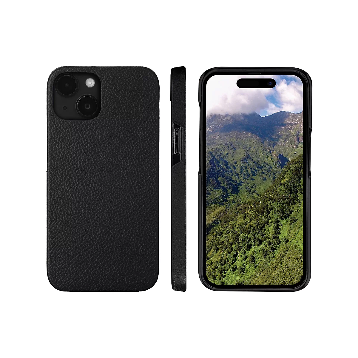 Schwarzes iPhone mit Lederhülle. Drei Ansichten zeigen das Handy, die Rückseite, die Seite und das Display, das eine Berglandschaft zeigt.