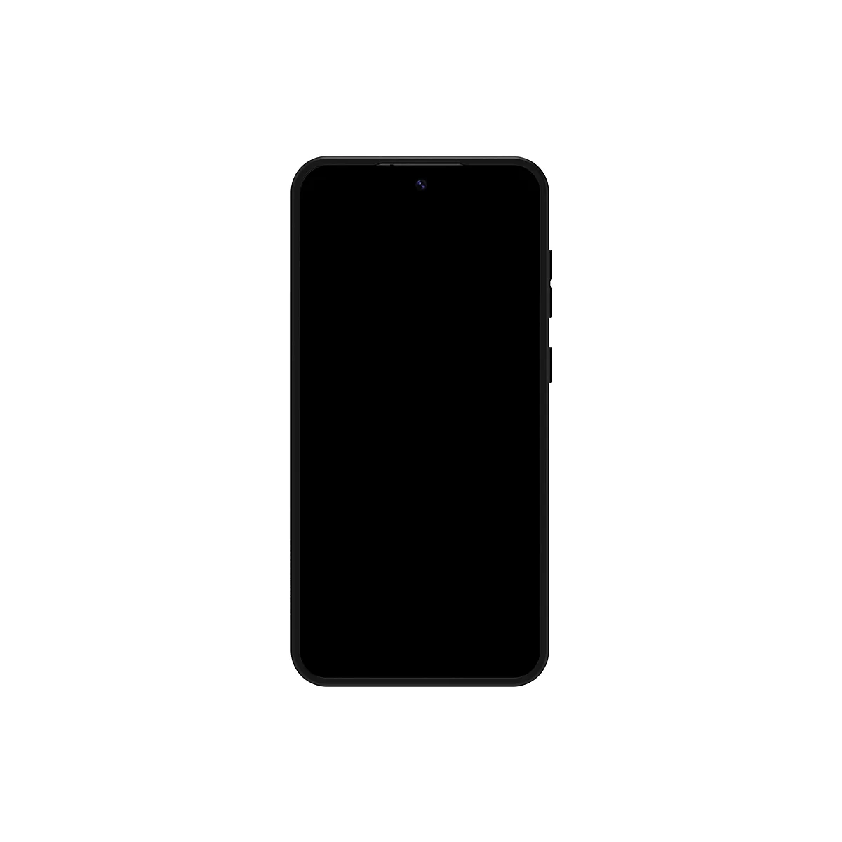 Smartphone noir sur fond blanc. La caméra frontale est visible au milieu en haut et des boutons sont situés sur le côté.