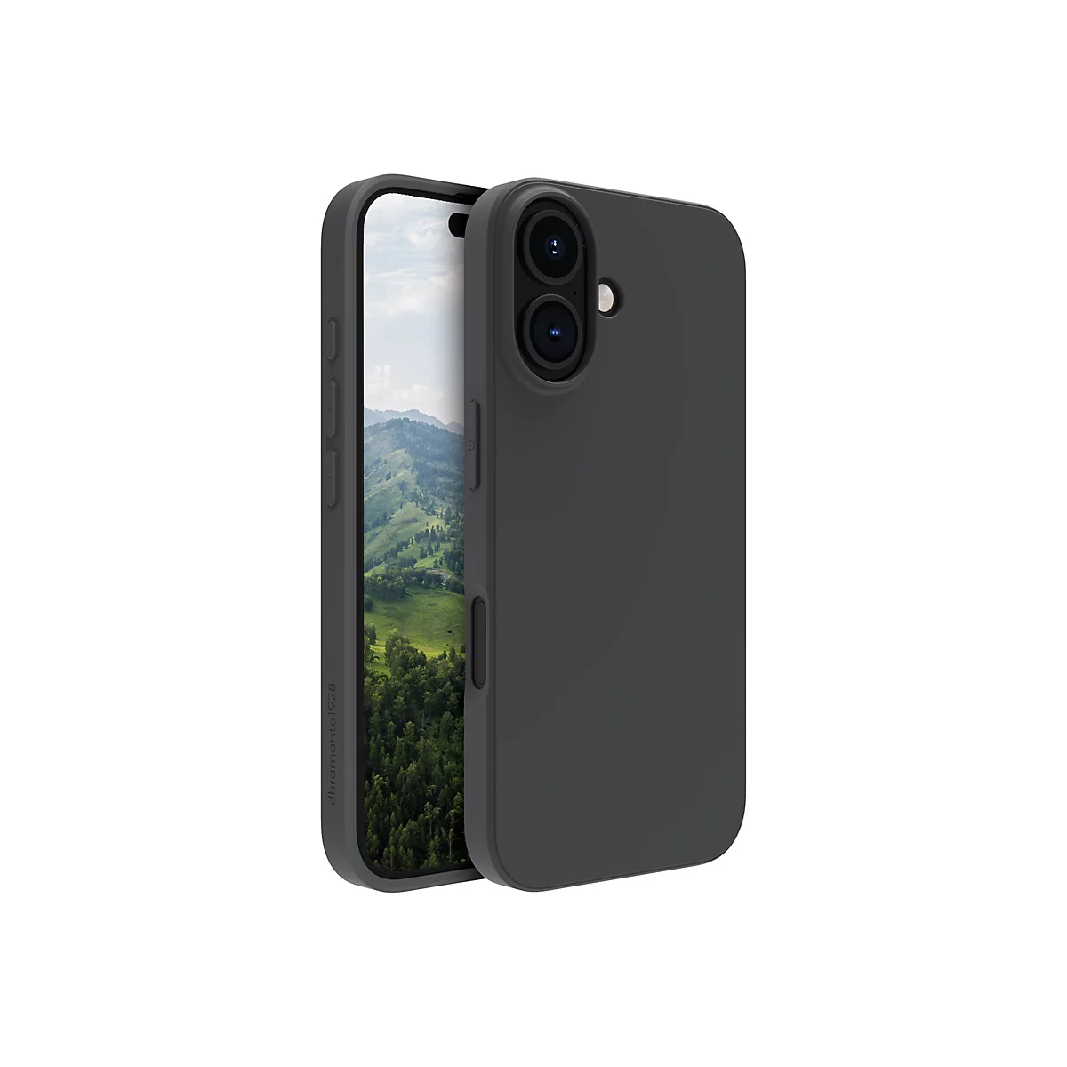 Dunkelgraue Handyhülle, mit einem Handy dahinter, das einen Blick auf einen bewaldeten Berg zeigt.