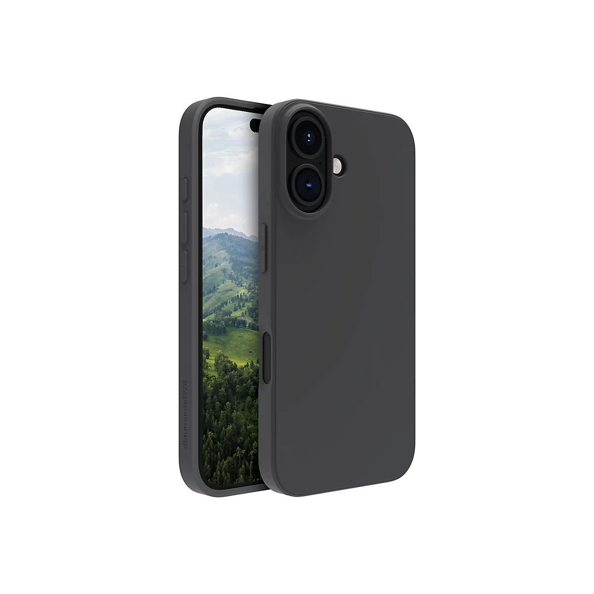 Ein graues Smartphone mit schwarzer Hülle, im Hintergrund eine Berglandschaft.
