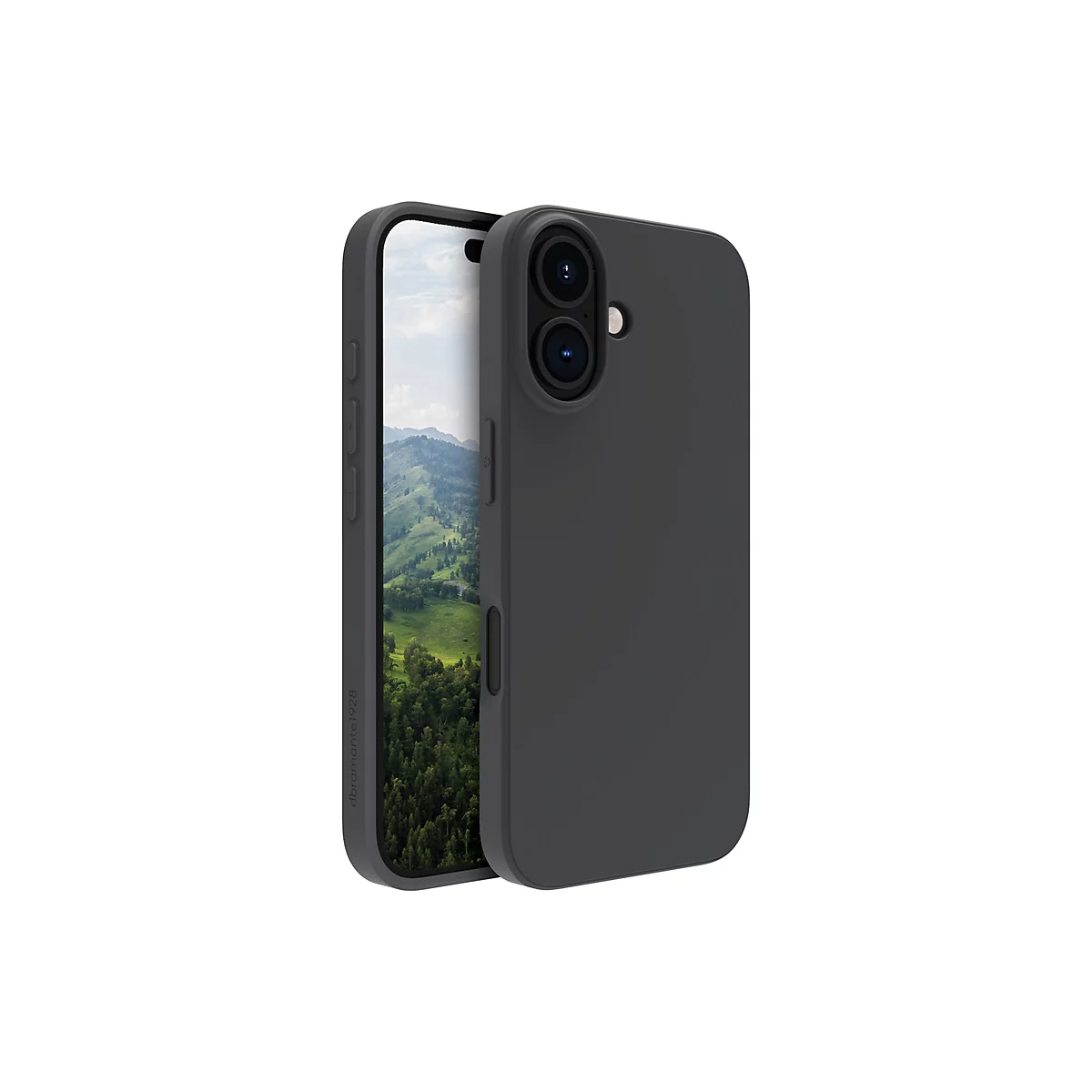 Dunkelgraue Handyhülle und Smartphone, Display mit Landschaft, Kameramodule erkennbar.