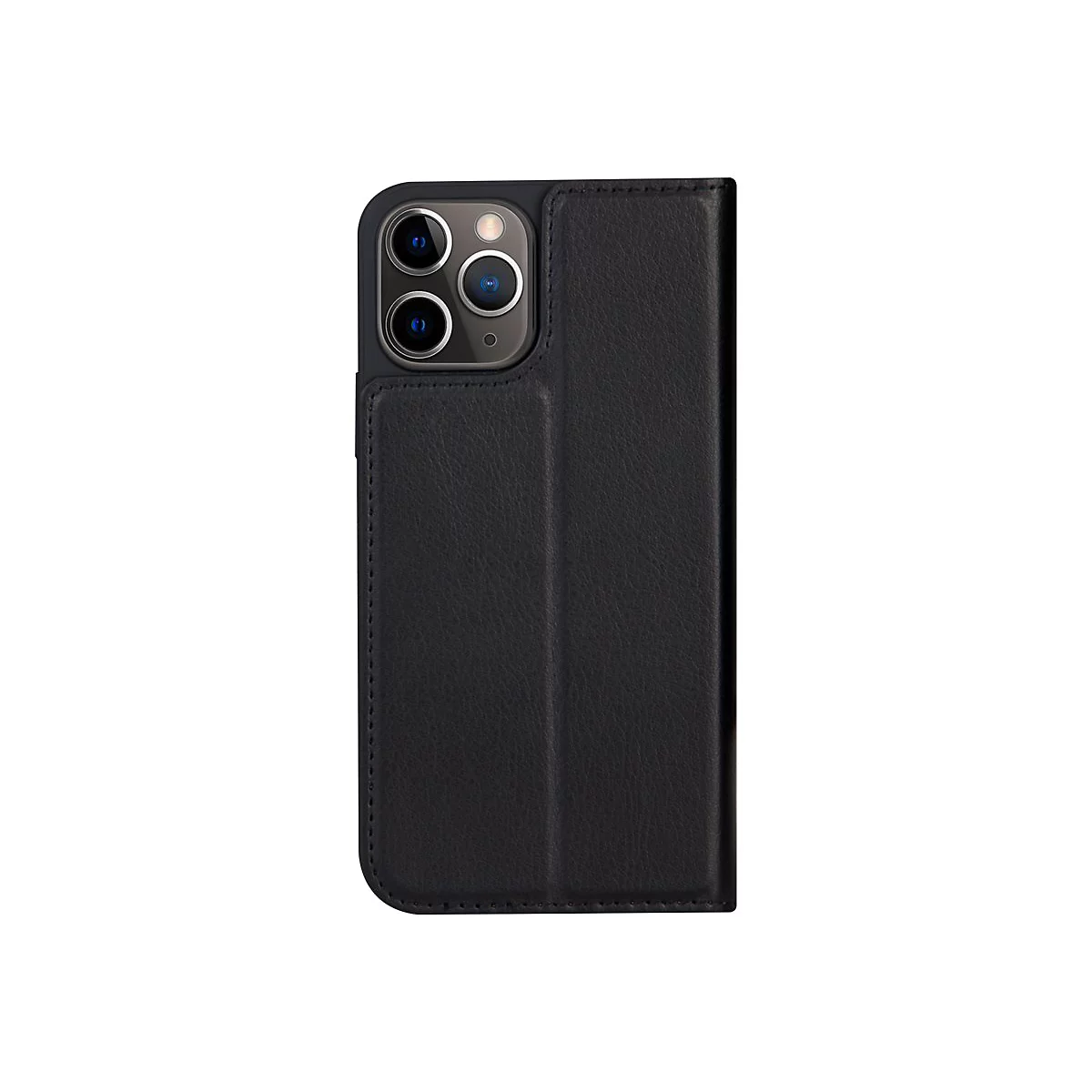 Schwarze Leder-Handyhülle für ein Smartphone mit drei Objektiven, geschlossen.