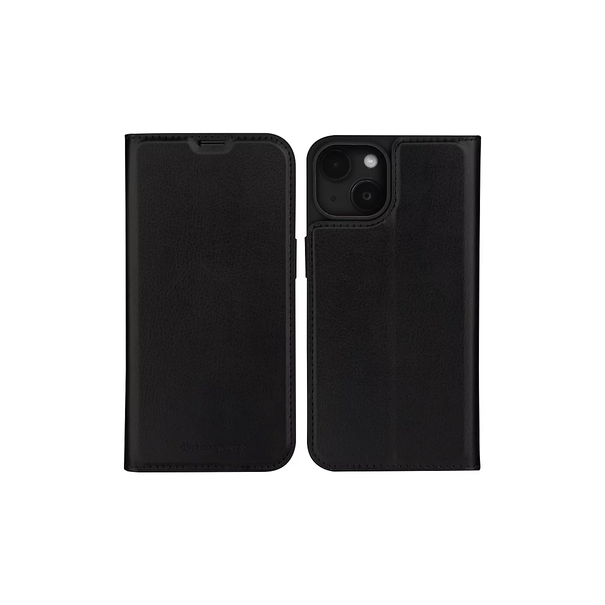 Étui de téléphone noir, ouvert, avec une vue dégagée sur l'intérieur, le téléphone n'est pas visible.