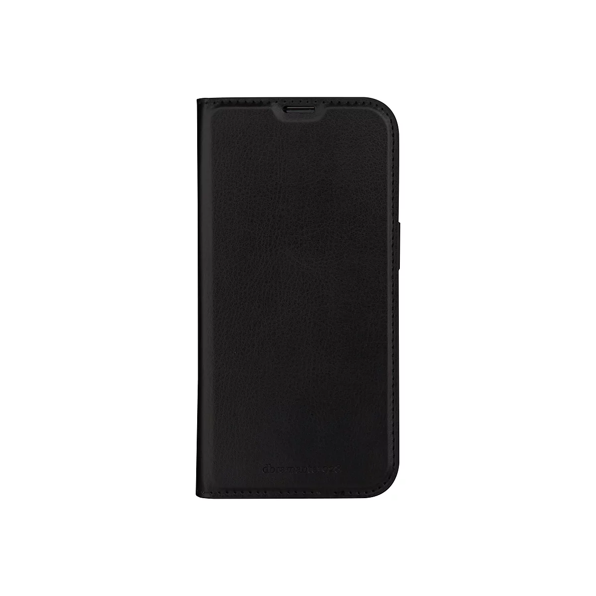 Coque de téléphone noire avec texture cuir. L'étui est fermé, avec une découpe pour l'écouteur et un logo.