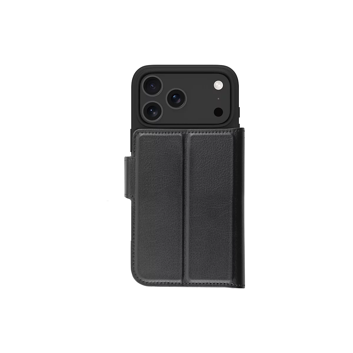 Schwarzes iPhone-Wallet-Case, das das Telefon fast vollständig umschließt. Auf weißem Hintergrund.
