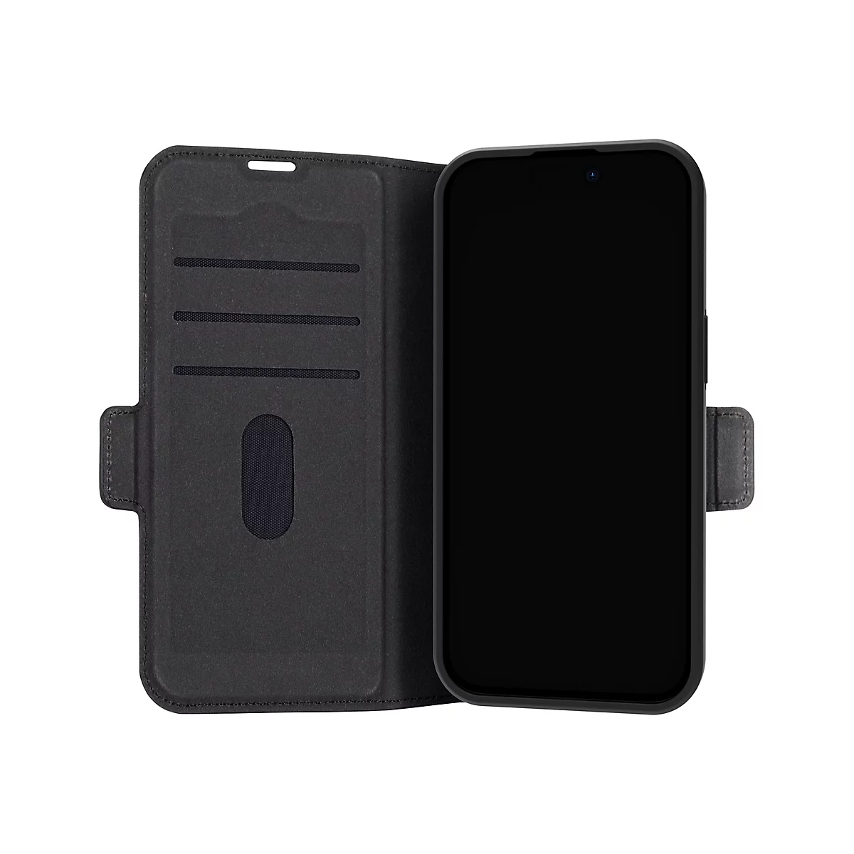 Schwarze Handyhülle, geöffnet, Handy links, Innenfächer, weißer Hintergrund.