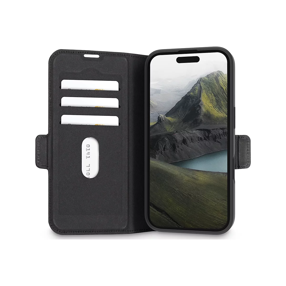 Schwarze Handyhülle im geöffneten Zustand. Rechts ist ein Smartphone mit Berglandschaft zu sehen. Im Inneren der Hülle sind Kartenfächer.