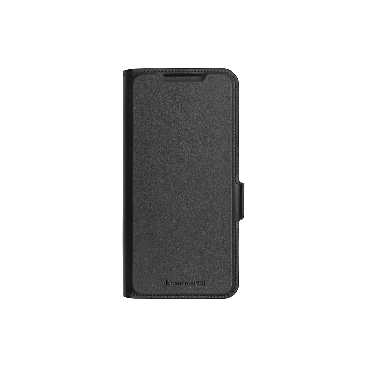 Étui de téléphone en cuir noir fermé avec logo. Sur fond blanc.